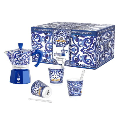 BIALETTI DOLCE & GABBANA Darčeková sada Moka Express kanvička Blu Mediterraneo, 3 poháriky, miešadlá