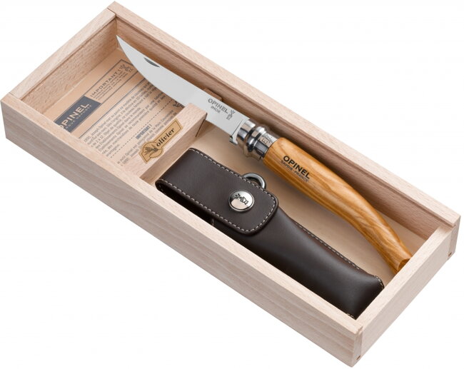 Opinel VR N°10 Inox Slim Olive + púzdro, drevená krabička